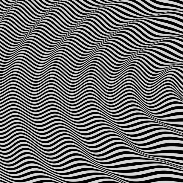 Vector illustration of 3D wavy background. Dynamic effect. Black and white design. Pattern with optical illusion. Vector illustration.