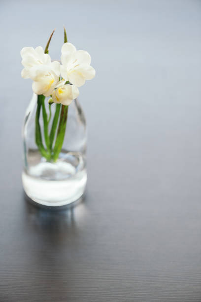 istock Fresh white flowers in glass vase on table, with copy space. 960520314