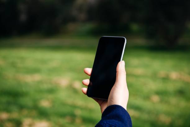 istock A smart phone held by a female hand on blurred green natural background. 960522872