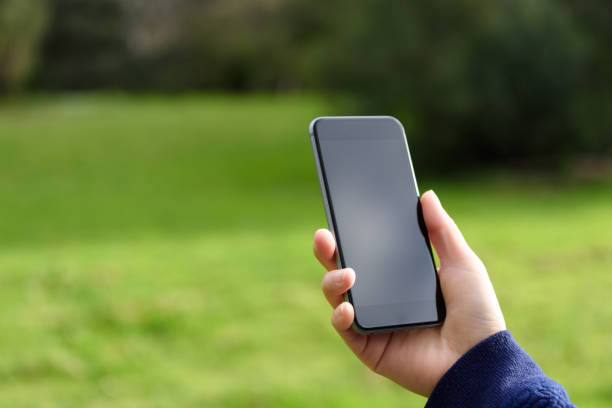 istock A smart phone held by a female hand on blurred green natural background. 960523010