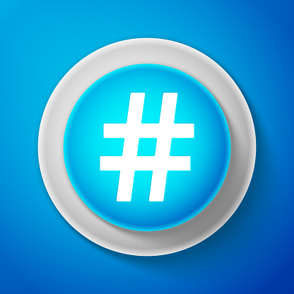 White Hashtag icon isolated on blue background. Social media symbol. Modern UI website navigation. Circle blue button with white line. Vector Illustration