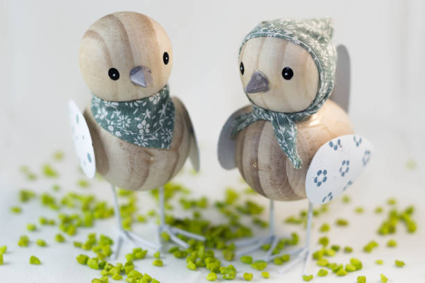 Wooden birds, decoration with decorative green stones