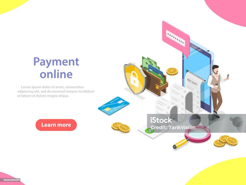 Payment online flat isometric vector concept. Flat isometric vector concept of receipt, online payment, money transfer, mobile wallet. Paying stock vector