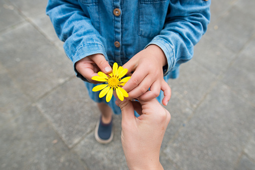 Parent and child handing yellow flower