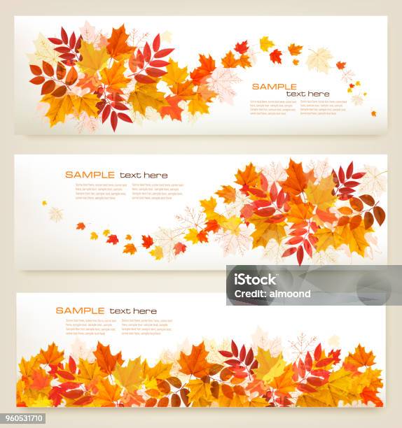 Ilustración de Conjunto De Banners Otoño Abstractos Con Hojas Coloridos Vector y más Vectores Libres de Derechos de Otoño