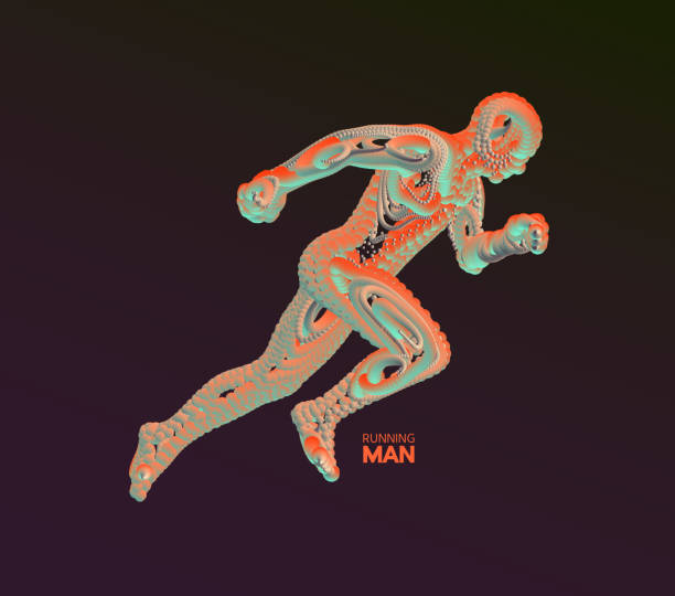 istock Running man. Emblem for marathon and jogging. 3d model of man. Vector Illustration. Wire connection to virtual reality. 960532150