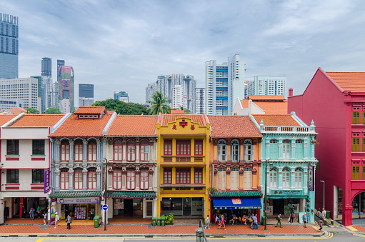 Singapore, 15 July 2017: Colorful heritage buildings at Singapore Chinatown. Chinatown Is An Ethnic Neighborhood Featuring Distinctly Chinese Cultural Elements And Historically Concentrated Ethnic.