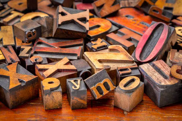 alphabet abstract - background of random letterpress wood type printing blocks, mixed fonts, top view