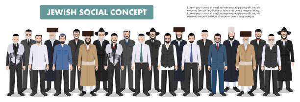 familie und soziales konzept. gruppe erwachsene und alte jüdische männer zusammen in verschiedenen traditionellen kleidern im flachen stil stehen. alten volkes israel. unterschiede israelis in der tracht. vektor-illustration. - judaism jewish ethnicity hasidism rabbi stock-grafiken, -clipart, -cartoons und -symbole