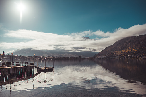 piers at lake side of queens-town new Zealand in the morning sunlight