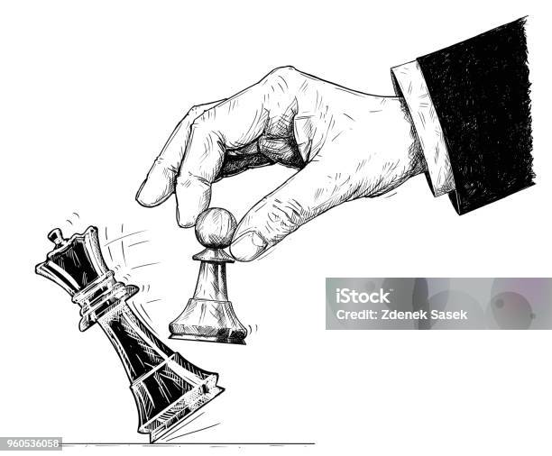 Vector Artistic Drawing Illustration Of Hand Holding Chess Pawn And Knocking Down King Checkmate Stock Illustration - Download Image Now