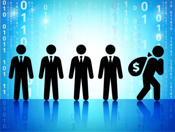 Vector illustration of Businessmen with Money Bag on on Binary Code Blue Background