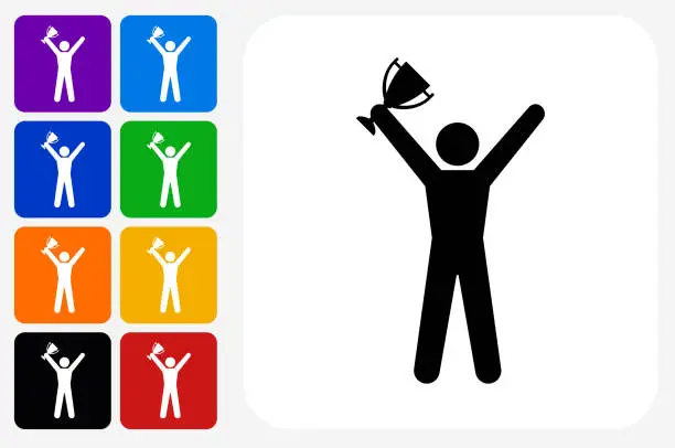 Vector illustration of Stick Figure Holding a Trophy Icon Square Button Set
