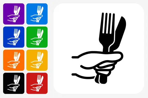 Vector illustration of Fork and Knife Icon Square Button Set