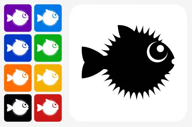 Vector illustration of Blow Fish Icon Square Button Set
