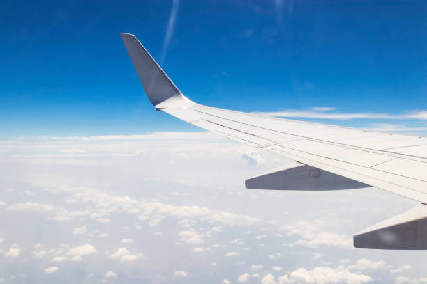 istock aircraft Wing and blue sky with clouds , view from the airplane window. 960548560
