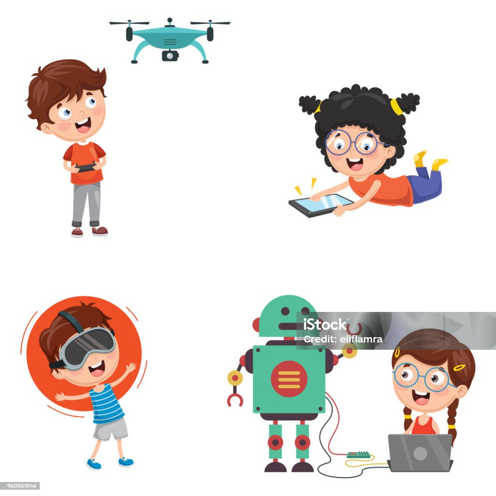 Vector Illustration Of Kids Technology Stock Illustration - Download Image  Now - Child, Drone, Virtual Reality Simulator - iStock