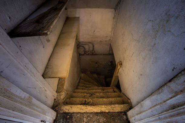 escalier en bois au sous-sol effrayant foncé - wine cellar door house photos et images de collection