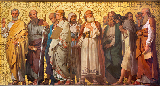 Turin - The symbolic fresco of Twelve apostles  in church Chiesa di San Dalmazzo by Enrico Reffo (1914).