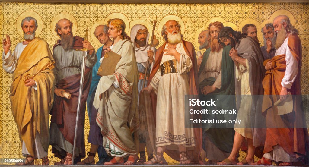 Turin - The symbolic fresco of Twelve apostles Turin - The symbolic fresco of Twelve apostles  in church Chiesa di San Dalmazzo by Enrico Reffo (1914). Apostle - Worshipper Stock Photo