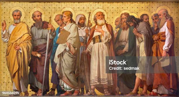 Turin The Symbolic Fresco Of Twelve Apostles Stock Photo - Download Image Now - Apostle - Worshipper, Religious Saint, Catholicism
