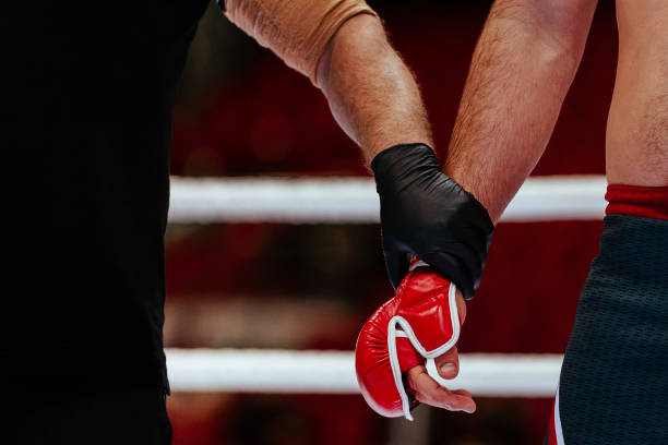 hands of referee and MMA fighter after fight announcement ceremony of winner hands of referee and MMA fighter after fight announcement ceremony of winner boxing referee stock pictures, royalty-free photos & images