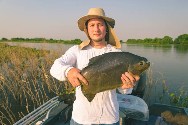 mann mit hut und weißen hemd hält einen fisch an bord eines bootes - fishing hut stock-fotos und bilder