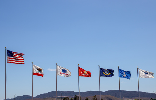 Flags in a row, USA, California, Marines, US Army, US Navy