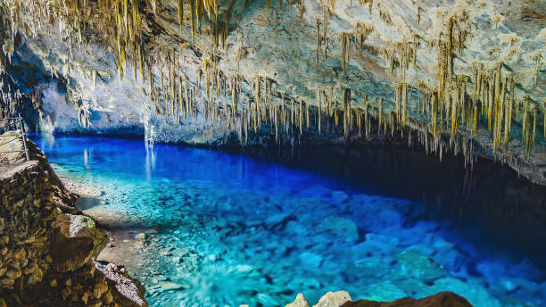 Inside the grotto of Lago Azul, a grotto with a lake with transparente vibrant blue water Bonito, Brazil - November 19, 2017: Inside the grotto of Lago Azul, a grotto with a lake with transparente vibrant blue water. Stalactites and stones. A natural tourist attraction of Bonito. bonito brazil stock pictures, royalty-free photos & images