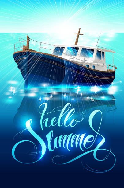 sommer-plakat mit abbildung der yacht und schriftzug "hallo sommer" - holiday vacations party mirrored pattern stock-grafiken, -clipart, -cartoons und -symbole