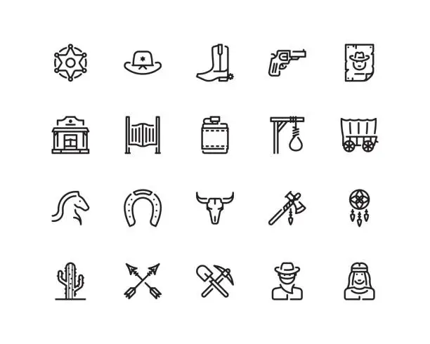Vector illustration of Wild west icon set, outline style