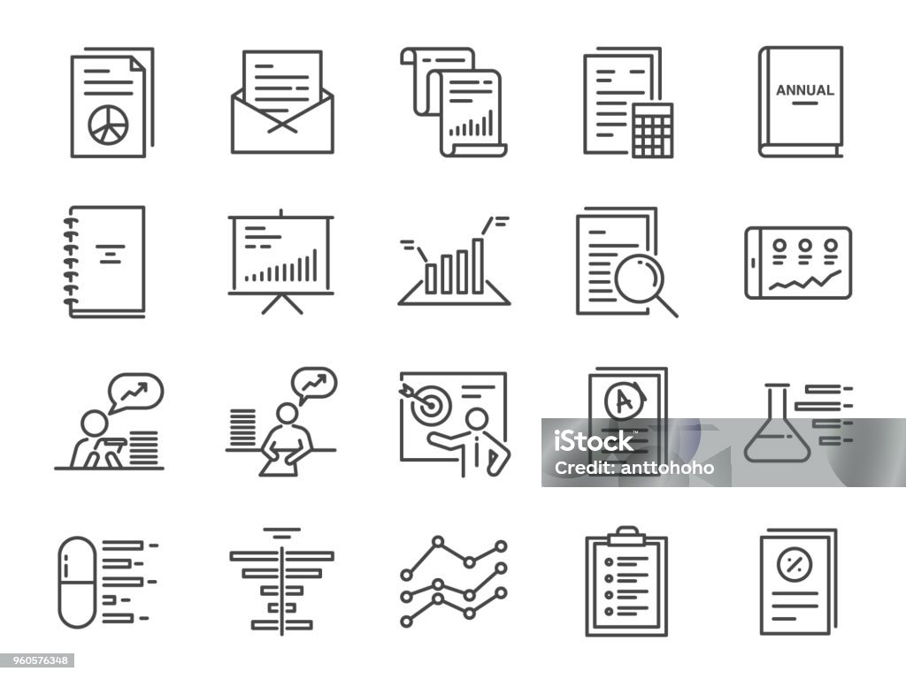 Informe conjunto de iconos. Incluye los iconos como informe financiero, documento fiscal, prueba de laboratorio, balance de situación, gráfico, analítico, análisis y mucho más. - arte vectorial de Ícono libre de derechos