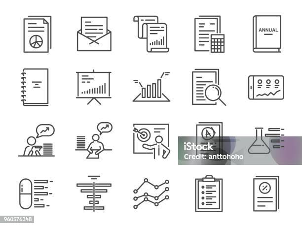 Ilustración de Informe Conjunto De Iconos Incluye Los Iconos Como Informe Financiero Documento Fiscal Prueba De Laboratorio Balance De Situación Gráfico Analítico Análisis Y Mucho Más y más Vectores Libres de Derechos de Ícono