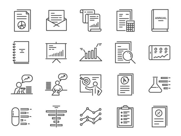 illustrazioni stock, clip art, cartoni animati e icone di tendenza di set di icone del report. incluse le icone come report finanziario, documento fiscale, test di laboratorio, bilancio, grafico, analitico, analisi e altro ancora. - tax graph financial report finance