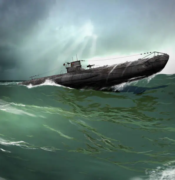 3d illustration of a German U-Boat patrolling the roughs seas of the North Atlantic