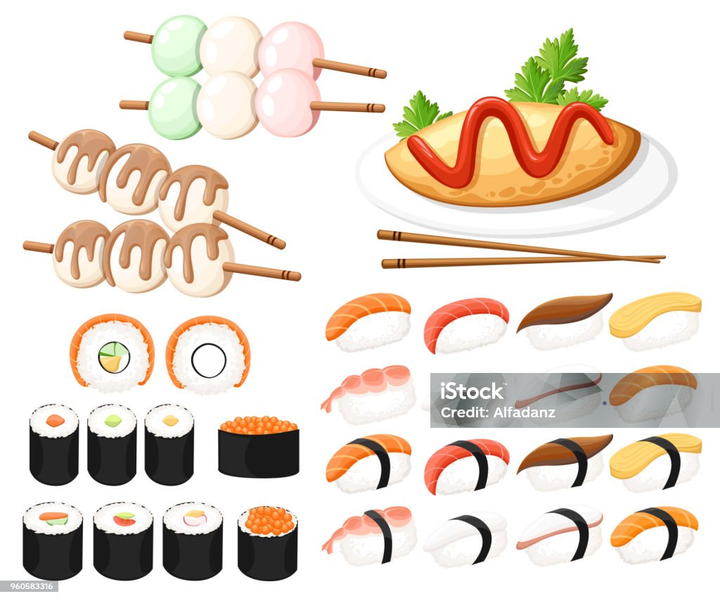 Bộ Biểu Tượng Ẩm Thực Nhật Bản Dango Omuraisu Sushi Và Cuộn Với ...