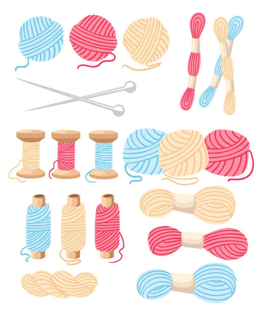 ilustrações de stock, clip art, desenhos animados e ícones de threads for sewing for cross stitching set tools for sewing knitting needles vector wool knitwear yarn thread knitting weaving wool vector cartoon illustration multi-colored - needle thread sewing red