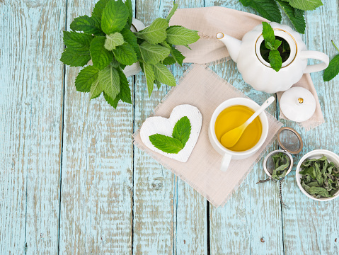 Healthy Refreshing beverage. Dry and Fresh Green Mint Leaves and Mint Tea in a White Mug on a wooden rustic table. Phytotherapy Medicinal Herbs. Herbal Tea Cup with teapot.