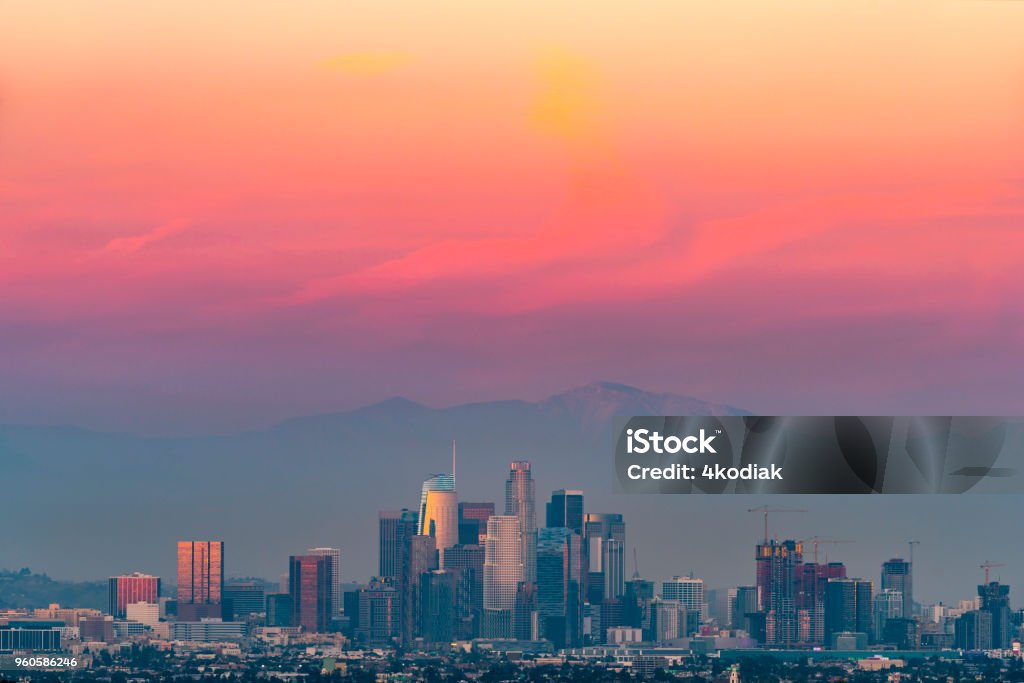 Los Angeles with Red Sky Los Angeles with red color sky after sunset Red Stock Photo