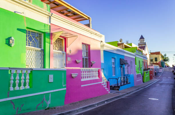 Brightly coloured homes in the historic neighborhood of Bo-Kaap, Cape Town, South Africa stock photo