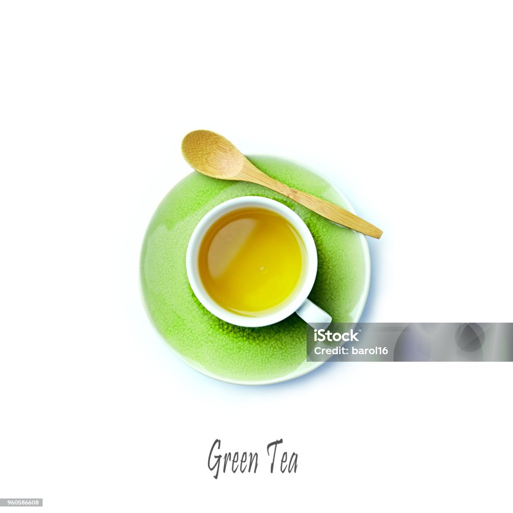 Cup of Green Tea on white background; flatlay Cup of Green Tea on white background; flatlay, Sencha Green Tea Green Tea Stock Photo