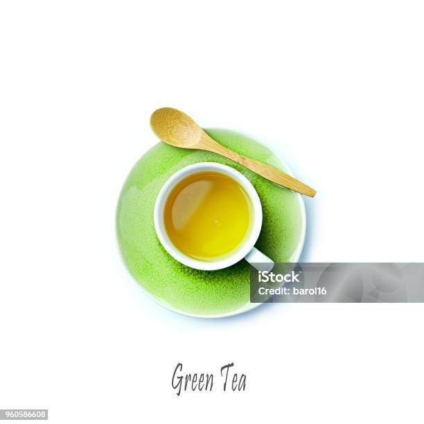 Cup Of Green Tea On White Background Flatlay Stock Photo - Download Image Now - Green Tea, Tea - Hot Drink, High Angle View