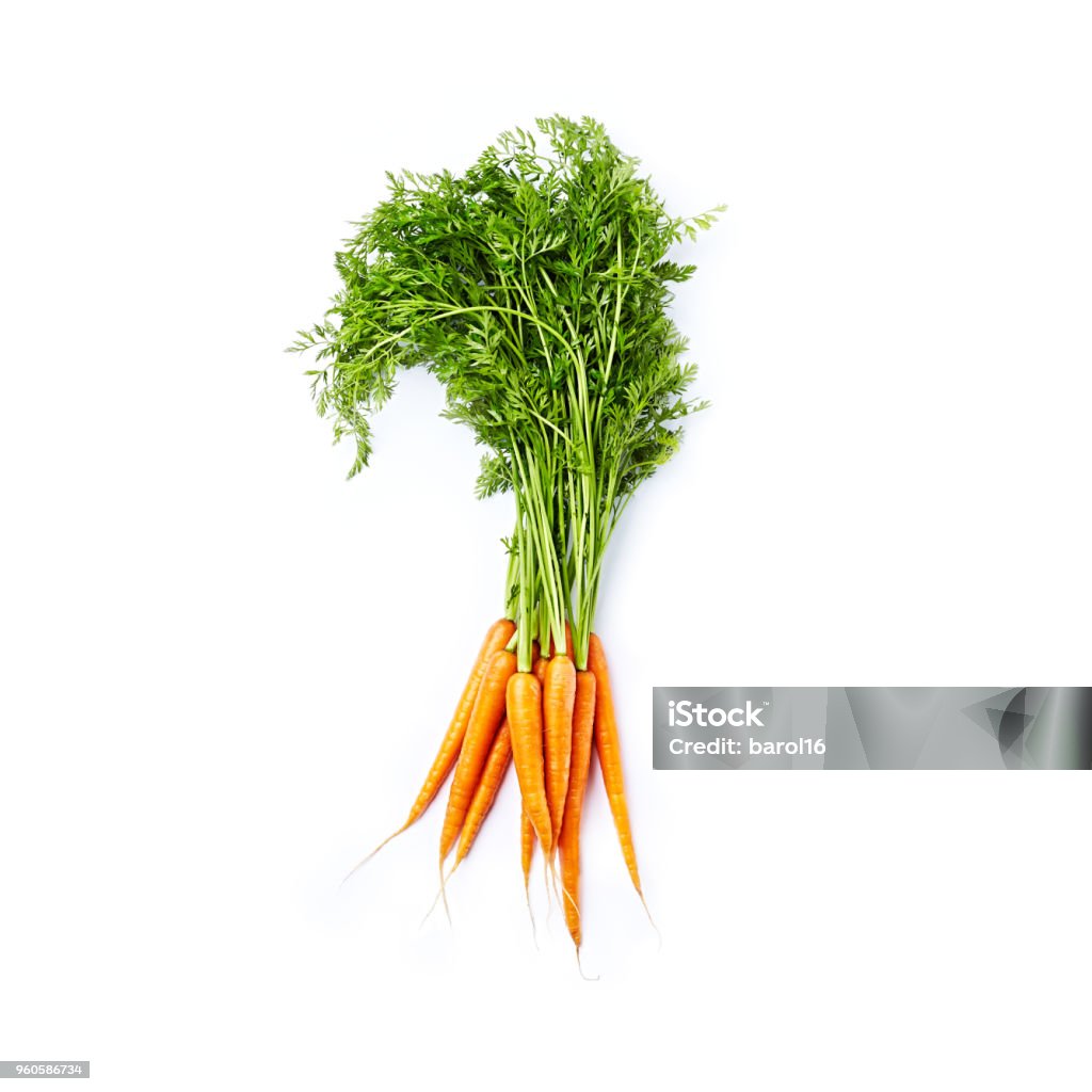 Bunch of Fresh Organic Carrots Bunch of Fresh Organic Carrots on whitebackground; flat lay Carrot Stock Photo