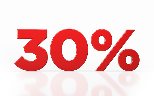 Red thirty percent off discount symbol on white background. Horizontal composition with clipping path and copy space.