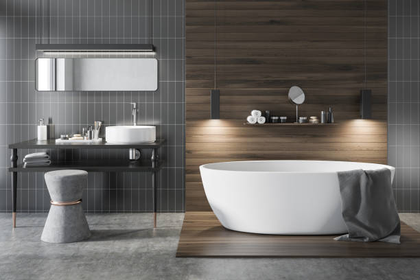 istock Gray and wooden luxury bathroom 960591594