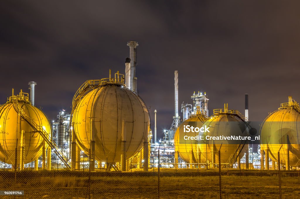 Liquid Natural Gas globe shape containers Liquid Natural Gas globe shape containers in Europoort industrial area location Botlek in Port of Rotterdam Liquefied Natural Gas Stock Photo