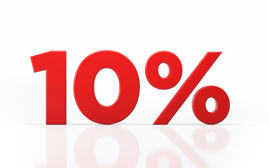 Red ten percent off discount symbol on white background. Horizontal composition with clipping path and copy space.