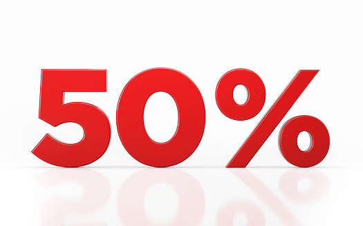 Red fifty percent off discount symbol on white background. Horizontal composition with clipping path and copy space.