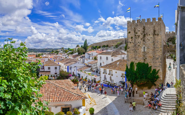 Cityscape of the town with medieval houses, wall and the Albarra tower. Obidos, Portugal - July 19, 2015: Cityscape of the town with medieval houses, wall and the Albarra tower. Obidos is a medieval town still inside castle walls, and very popular among tourists. obidos photos stock pictures, royalty-free photos & images