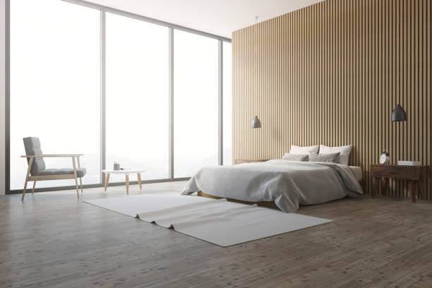 istock Wooden wall loft bedroom interior carpet side view 960600344